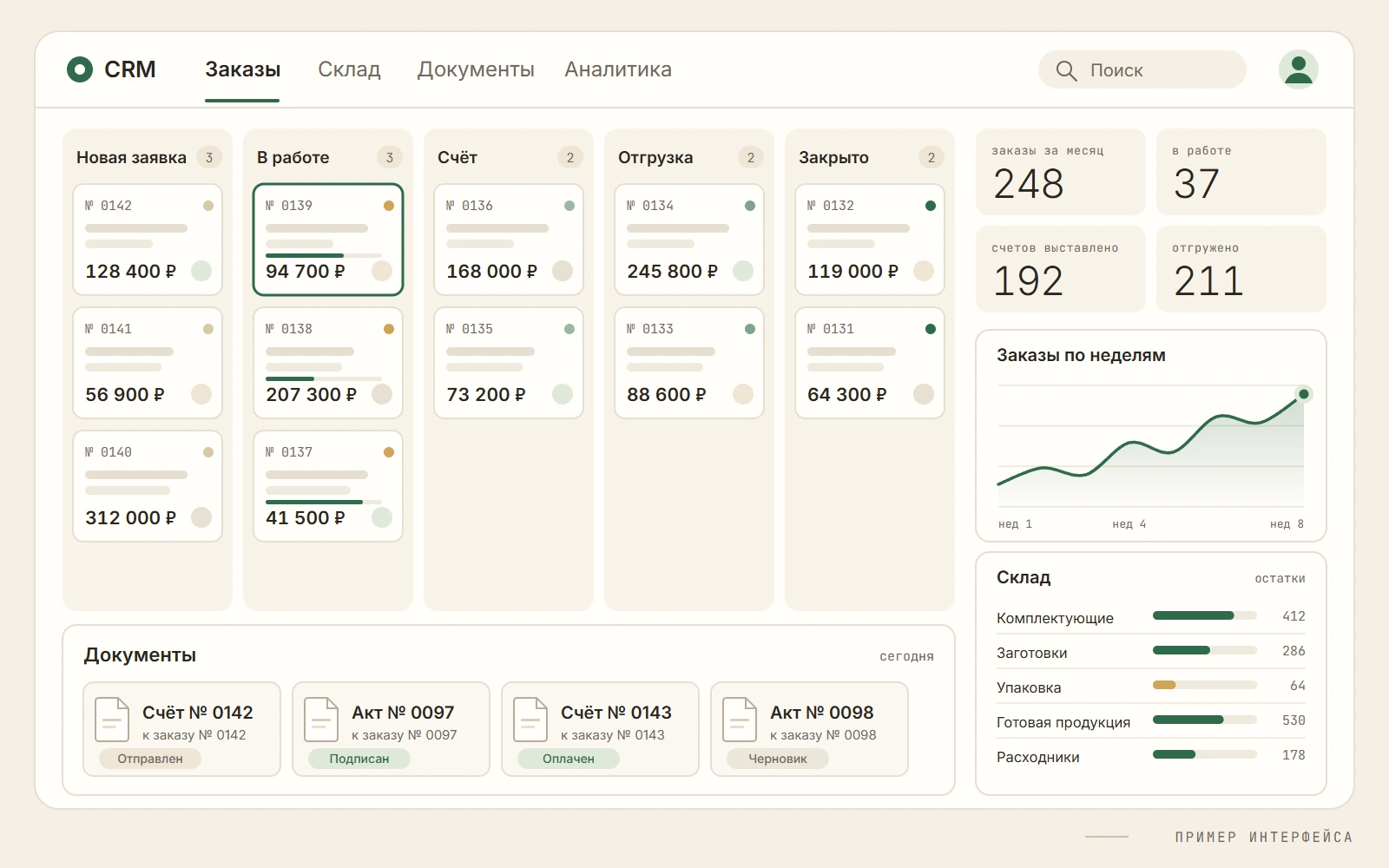 Пример интерфейса CRM: канбан заказов, документы, аналитика и склад (демонстрационные данные)