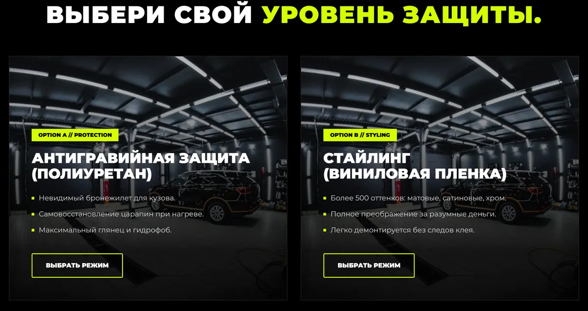 Живой сайт на компьютере: блок «Выбери свой уровень защиты» с двумя карточками направлений