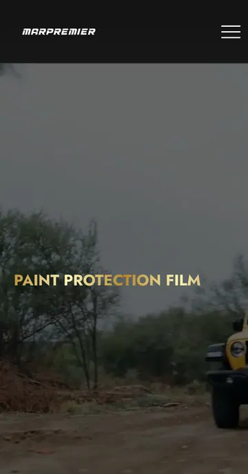 Первый экран сайта MARPREMIER на телефоне: логотип, меню-бургер, видео и надпись Paint Protection Film