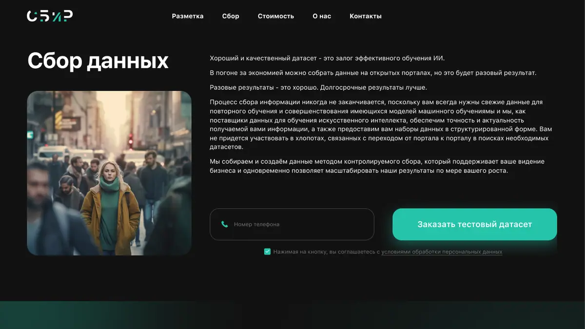 Макет страницы «Сбор данных»: заголовок, фотография городской толпы, текст о сборе данных, поле телефона и кнопка «Заказать тестовый датасет»