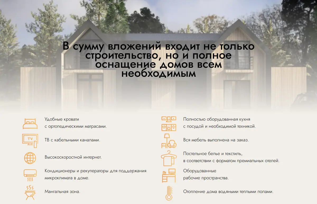 Блок оснащения домов на компьютере: фотография дома и список с иконками: кровати, телевизор, интернет, кондиционеры, мангальная зона, кухня, рабочие места, тёплые полы