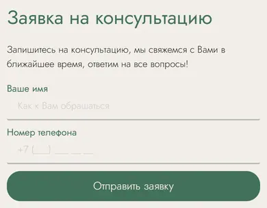 Форма «Заявка на консультацию» на телефоне: поля имени и телефона и кнопка отправки